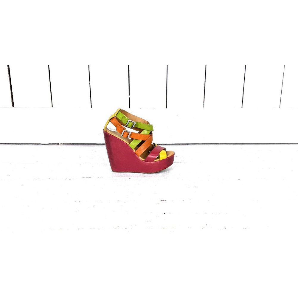 Kork Ease multicolor strappy leather high platform wedge open toe sandals 7/38